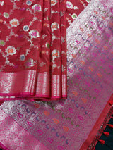 Statement Handmade Deep Red Color Banarasi Semi Katan Silk Saree with Meenakari and Muted Gold Zari Weave with Floral Jaal
