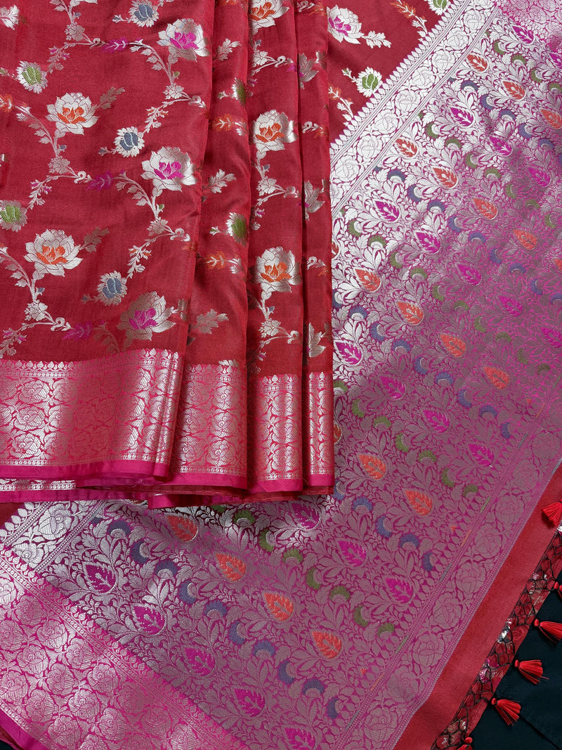 Statement Handmade Deep Red Color Banarasi Semi Katan Silk Saree with Meenakari and Muted Gold Zari Weave with Floral Jaal