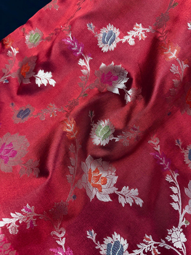 Statement Handmade Deep Red Color Banarasi Semi Katan Silk Saree with Meenakari and Muted Gold Zari Weave with Floral Jaal