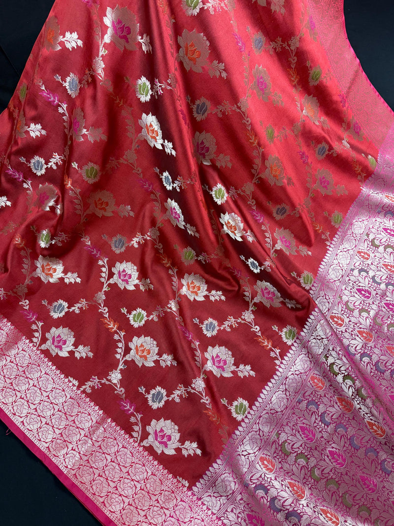 Statement Handmade Deep Red Color Banarasi Semi Katan Silk Saree with Meenakari and Muted Gold Zari Weave with Floral Jaal