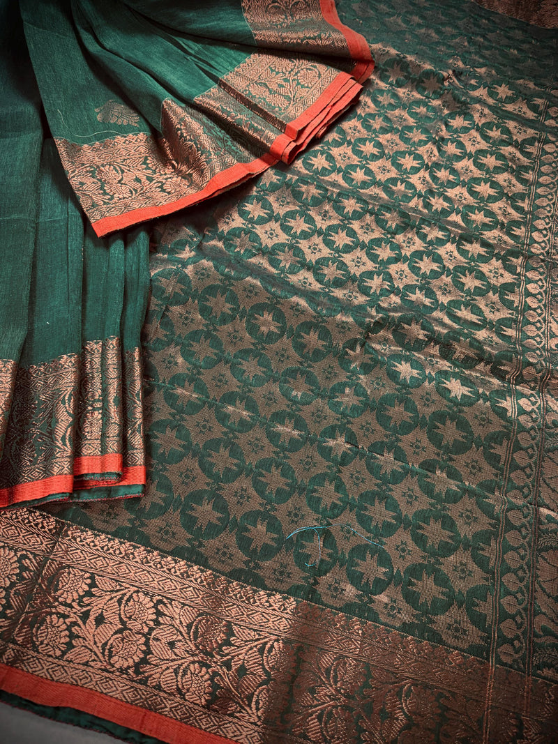 Bottle Green Color Handloom Bengal Linen Silk Saree with Red Borders and Cooper Zari Weaving  | Linen Saree  | Handwoven Sarees