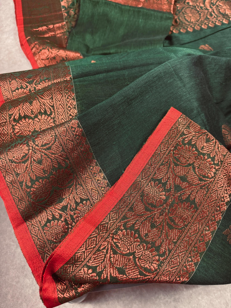 Bottle Green Color Handloom Bengal Linen Silk Saree with Red Borders and Cooper Zari Weaving  | Linen Saree  | Handwoven Sarees