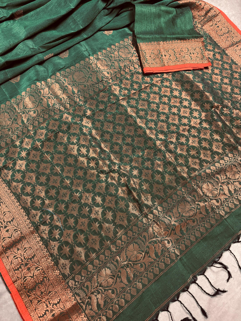 Bottle Green Color Handloom Bengal Linen Silk Saree with Red Borders and Cooper Zari Weaving  | Linen Saree  | Handwoven Sarees