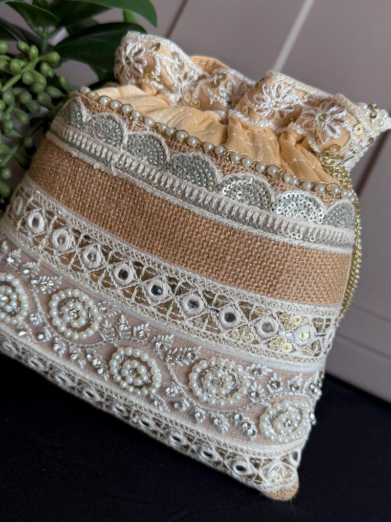 Beige Color Wedding Potli Bag | Handmade Embellished Pearl and Artifical Mirrors | Desi Indian Pakistani Wedding Purse | Evening Party Purse