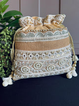 Beige Color Wedding Potli Bag | Handmade Embellished Pearl and Artifical Mirrors | Desi Indian Pakistani Wedding Purse | Evening Party Purse