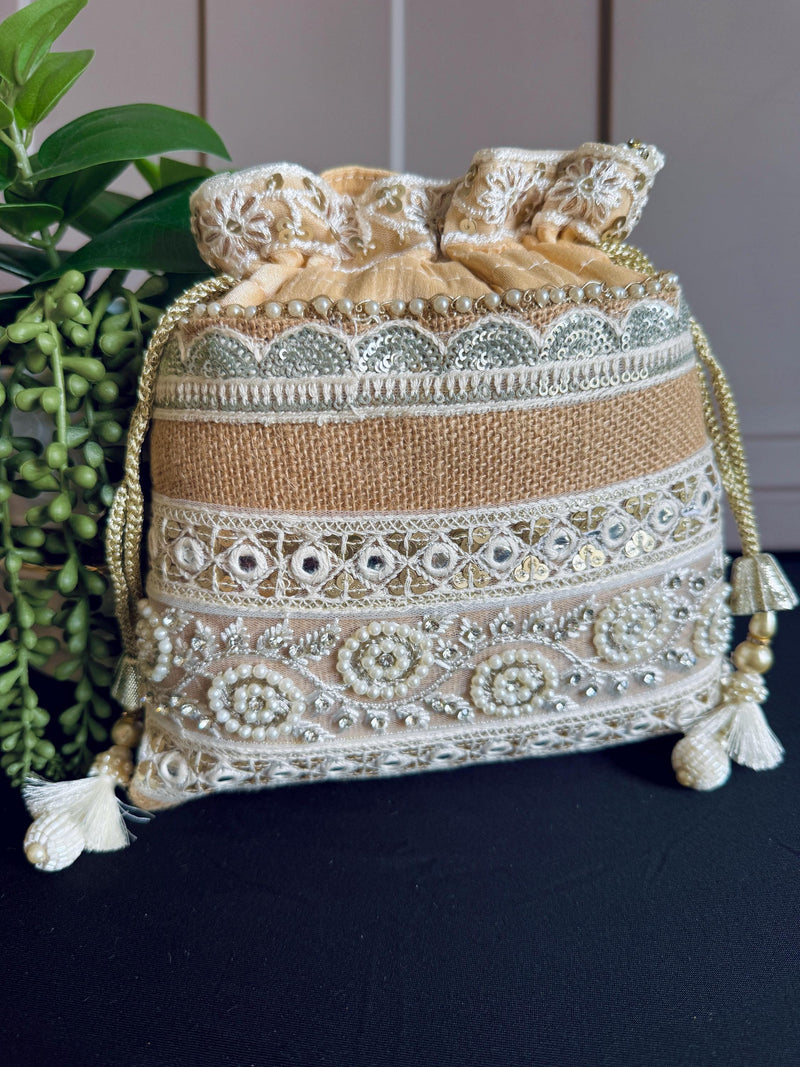 Beige Color Wedding Potli Bag | Handmade Embellished Pearl and Artifical Mirrors | Desi Indian Pakistani Wedding Purse | Evening Party Purse