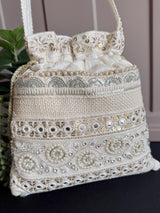 Pearl White Color Wedding Potli Bag | Handmade Embellished Pearl and Zircon | Desi Indian Pakistani Wedding Purse | Evening Party Purse