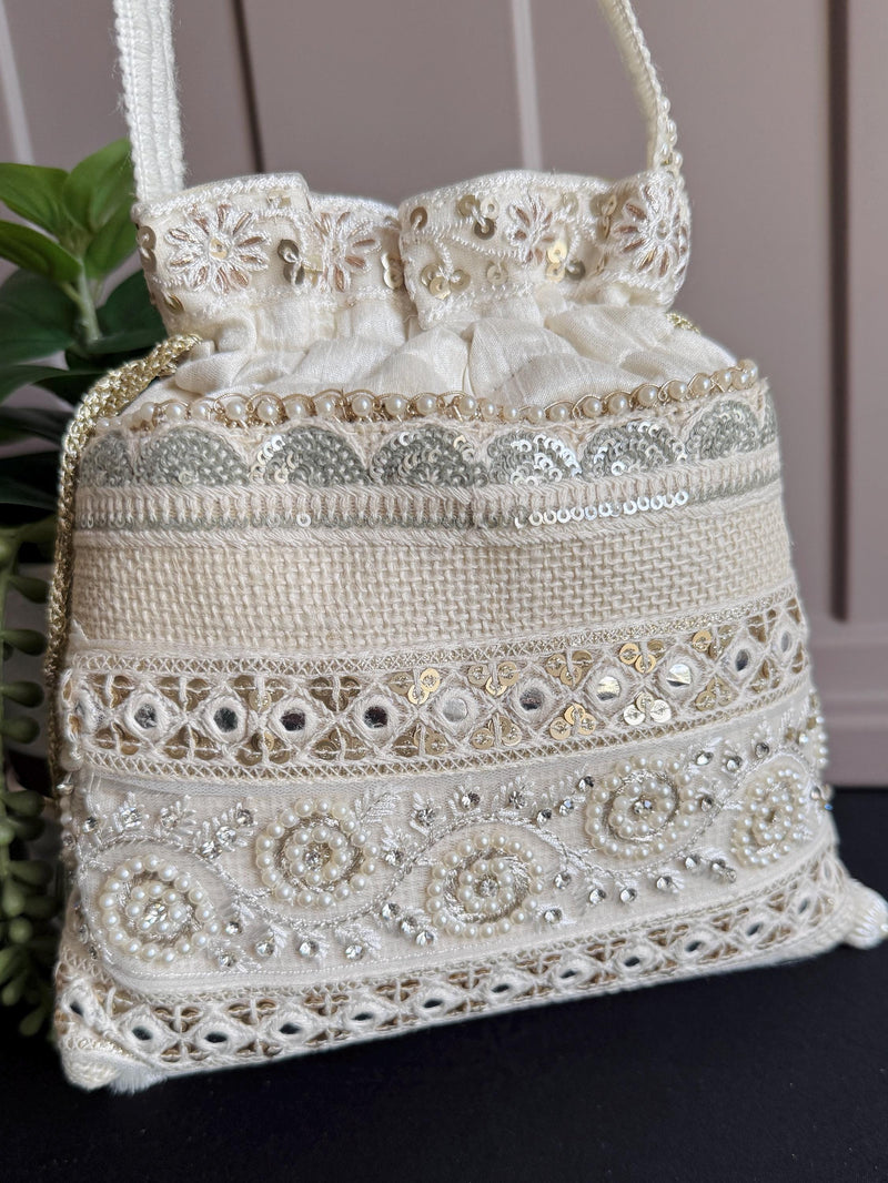 Pearl White Color Wedding Potli Bag | Handmade Embellished Pearl and Zircon | Desi Indian Pakistani Wedding Purse | Evening Party Purse