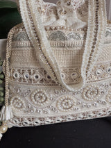 Pearl White Color Wedding Potli Bag | Handmade Embellished Pearl and Zircon | Desi Indian Pakistani Wedding Purse | Evening Party Purse