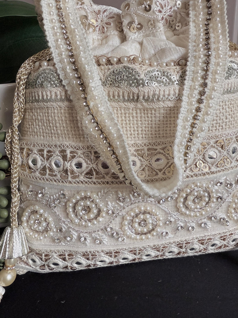 Pearl White Color Wedding Potli Bag | Handmade Embellished Pearl and Zircon | Desi Indian Pakistani Wedding Purse | Evening Party Purse