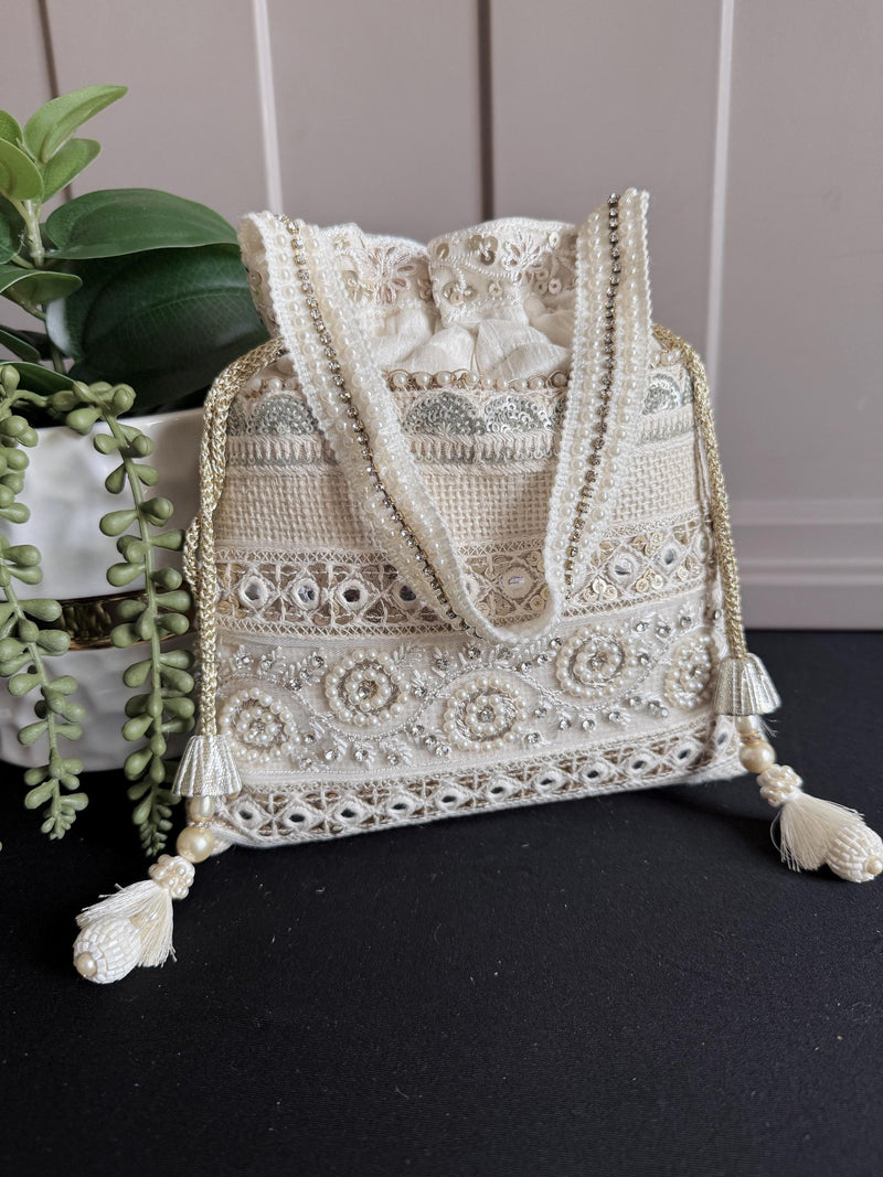 Pearl White Color Wedding Potli Bag | Handmade Embellished Pearl and Zircon | Desi Indian Pakistani Wedding Purse | Evening Party Purse