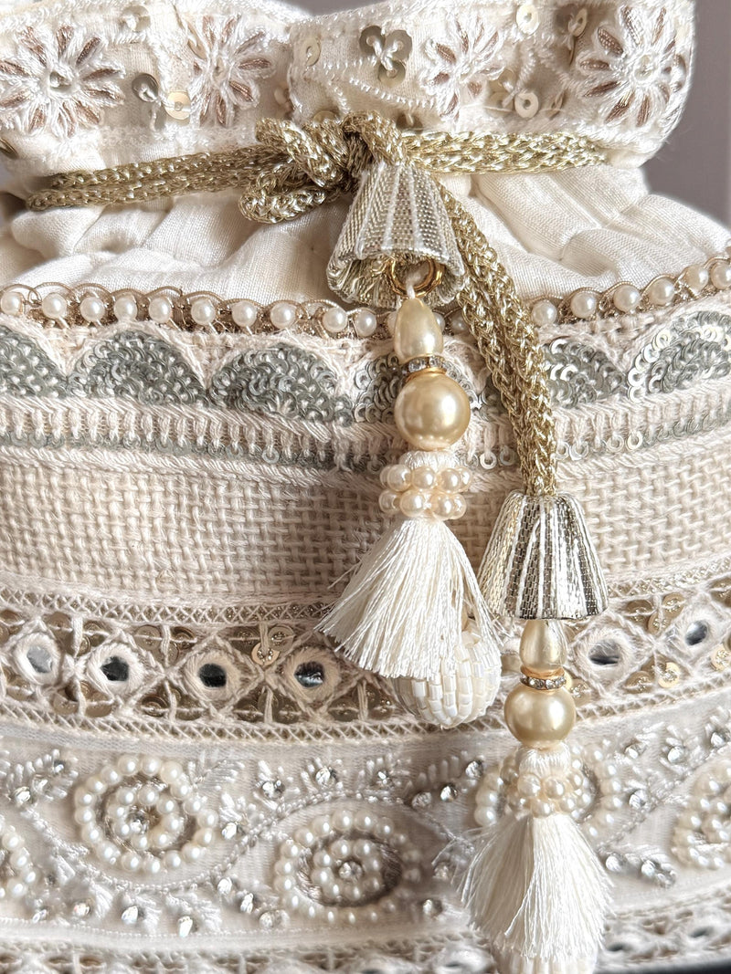 Pearl White Color Wedding Potli Bag | Handmade Embellished Pearl and Zircon | Desi Indian Pakistani Wedding Purse | Evening Party Purse