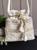 Pearl White Color Wedding Potli Bag | Handmade Embellished Pearl and Zircon | Desi Indian Pakistani Wedding Purse | Evening Party Purse