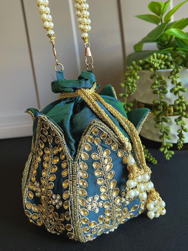 Teal Color Wedding Potli Bag | Handmade Embellished Stone and Pearl |  Desi Indian Pakistani Wedding Purse | Evening Party Purse