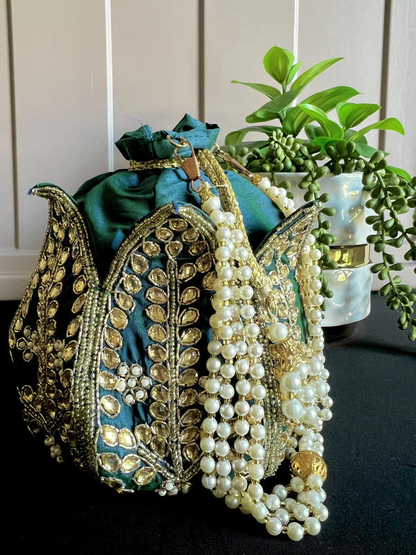 Teal Color Wedding Potli Bag | Handmade Embellished Stone and Pearl |  Desi Indian Pakistani Wedding Purse | Evening Party Purse