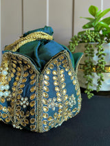 Teal Color Wedding Potli Bag | Handmade Embellished Stone and Pearl |  Desi Indian Pakistani Wedding Purse | Evening Party Purse