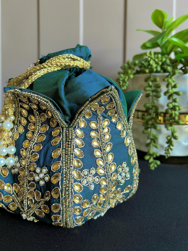 Teal Color Wedding Potli Bag | Handmade Embellished Stone and Pearl |  Desi Indian Pakistani Wedding Purse | Evening Party Purse