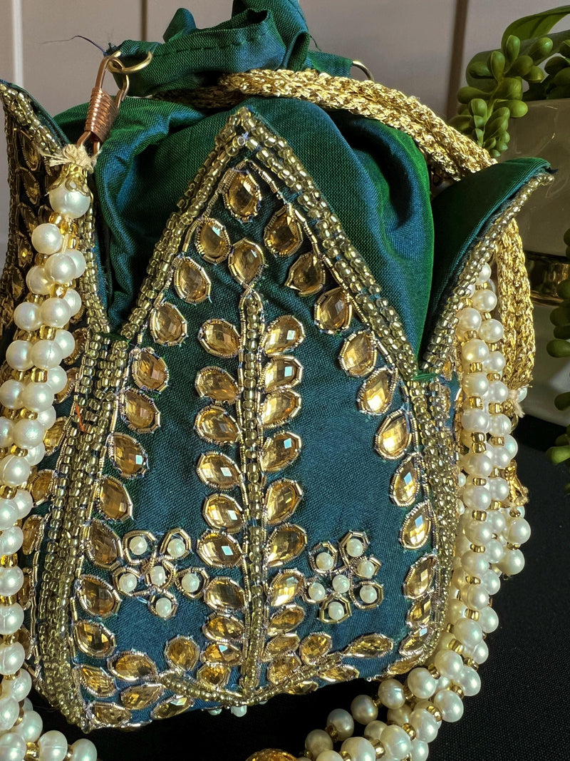 Teal Color Wedding Potli Bag | Handmade Embellished Stone and Pearl |  Desi Indian Pakistani Wedding Purse | Evening Party Purse