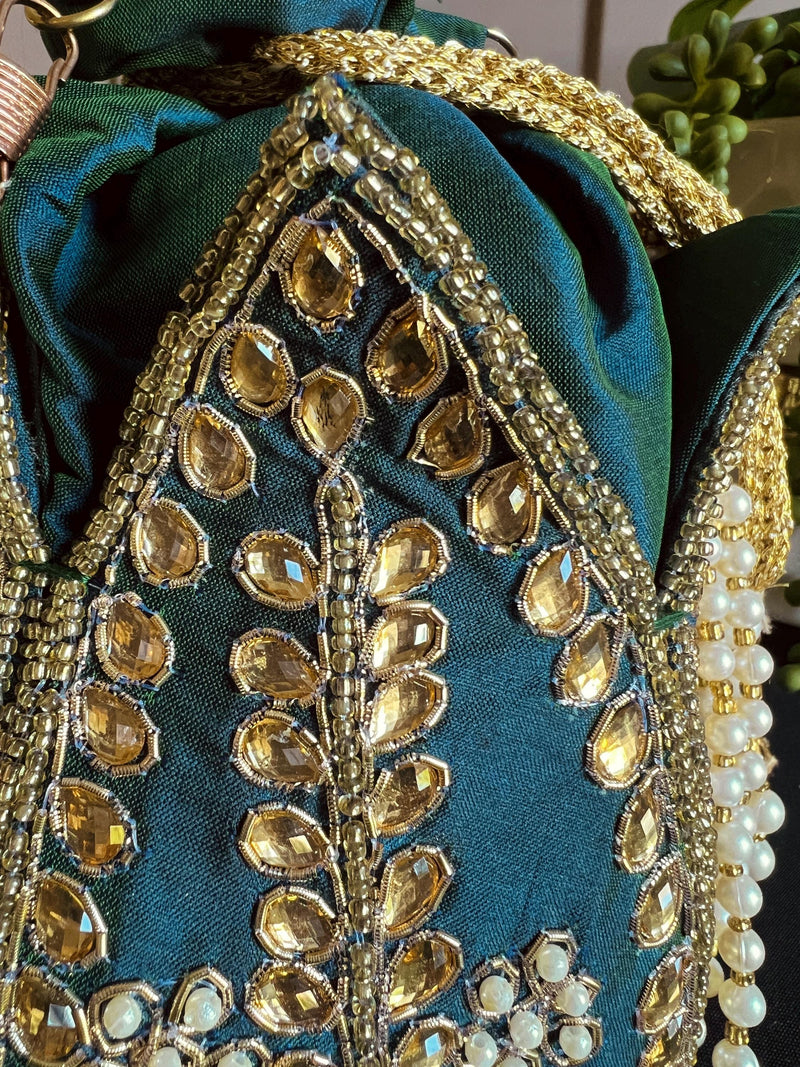 Teal Color Wedding Potli Bag | Handmade Embellished Stone and Pearl |  Desi Indian Pakistani Wedding Purse | Evening Party Purse