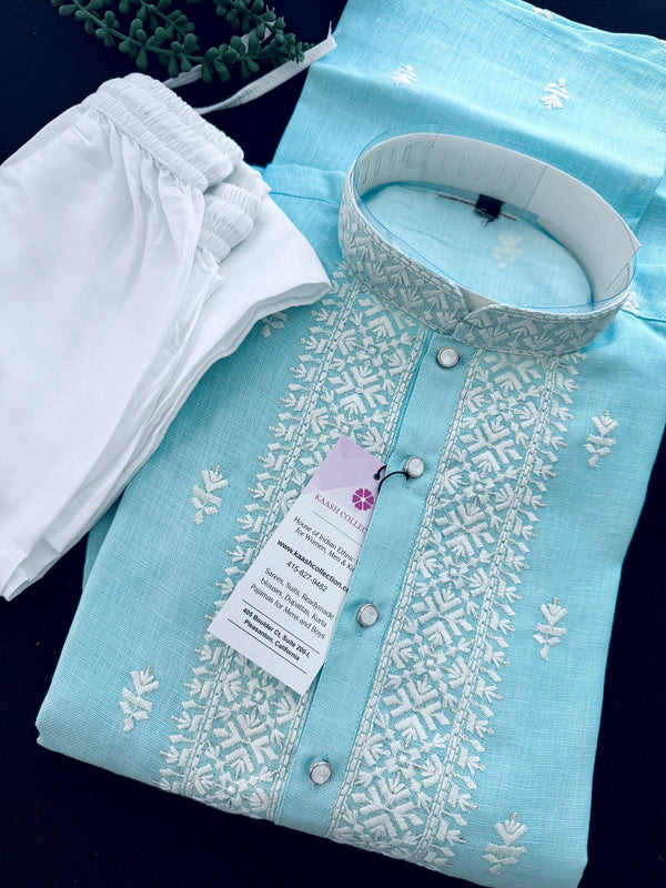 Pastel Sea Blue Color 100 Percent Premium Cotton Kurta with Pajama | Emberiodery Kurta with Cotton Lining | Cotton Mens Kurta Set