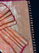 Statement Handmade Pastel Peach Banarasi Semi Katan Silk Saree with Meenakari and Muted Gold Zari Weave