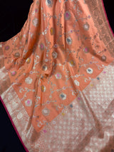 Statement Handmade Pastel Peach Banarasi Semi Katan Silk Saree with Meenakari and Muted Gold Zari Weave