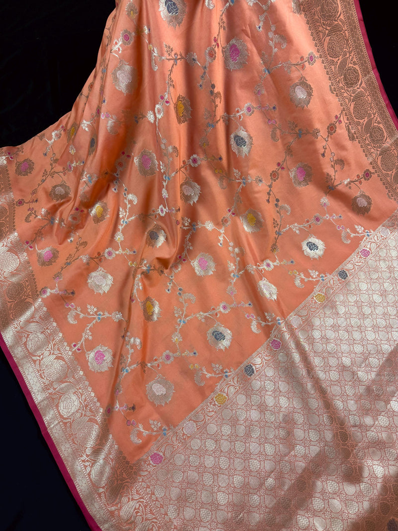 Statement Handmade Pastel Peach Banarasi Semi Katan Silk Saree with Meenakari and Muted Gold Zari Weave