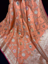 Statement Handmade Pastel Peach Banarasi Semi Katan Silk Saree with Meenakari and Muted Gold Zari Weave