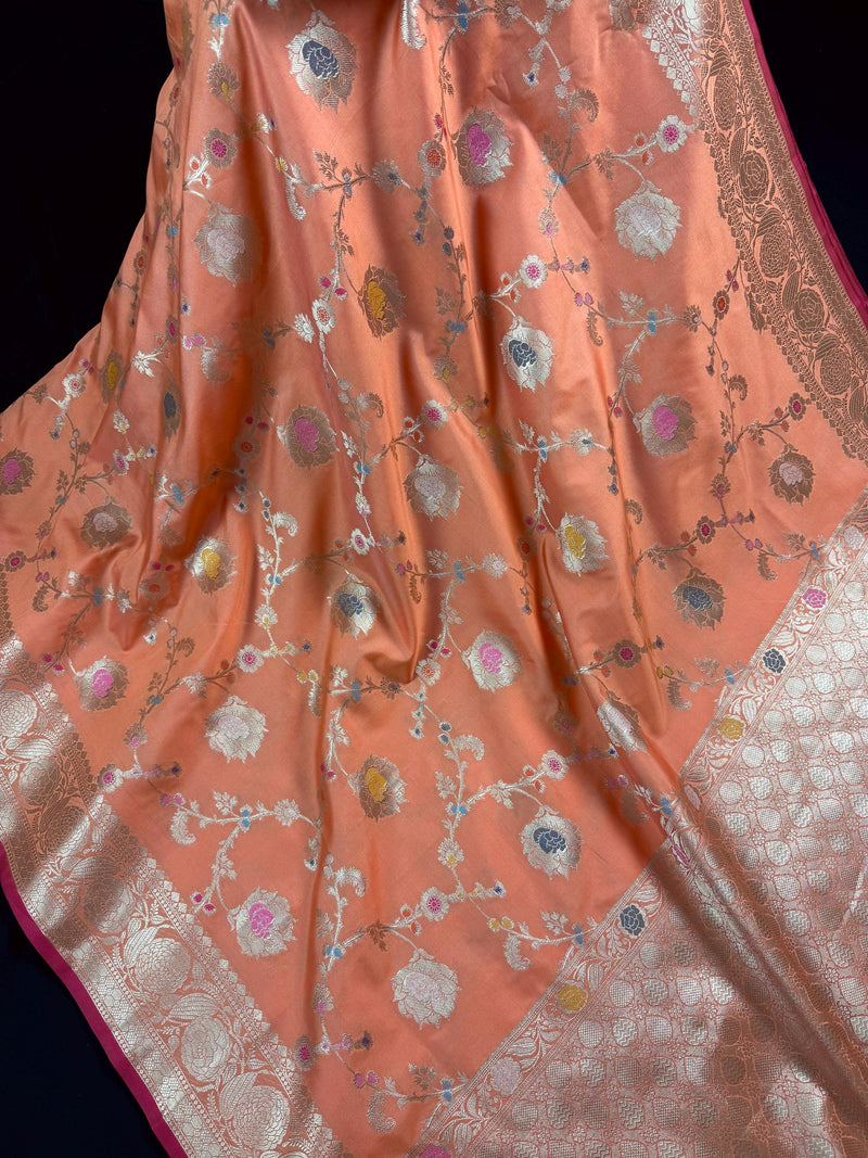 Statement Handmade Pastel Peach Banarasi Semi Katan Silk Saree with Meenakari and Muted Gold Zari Weave