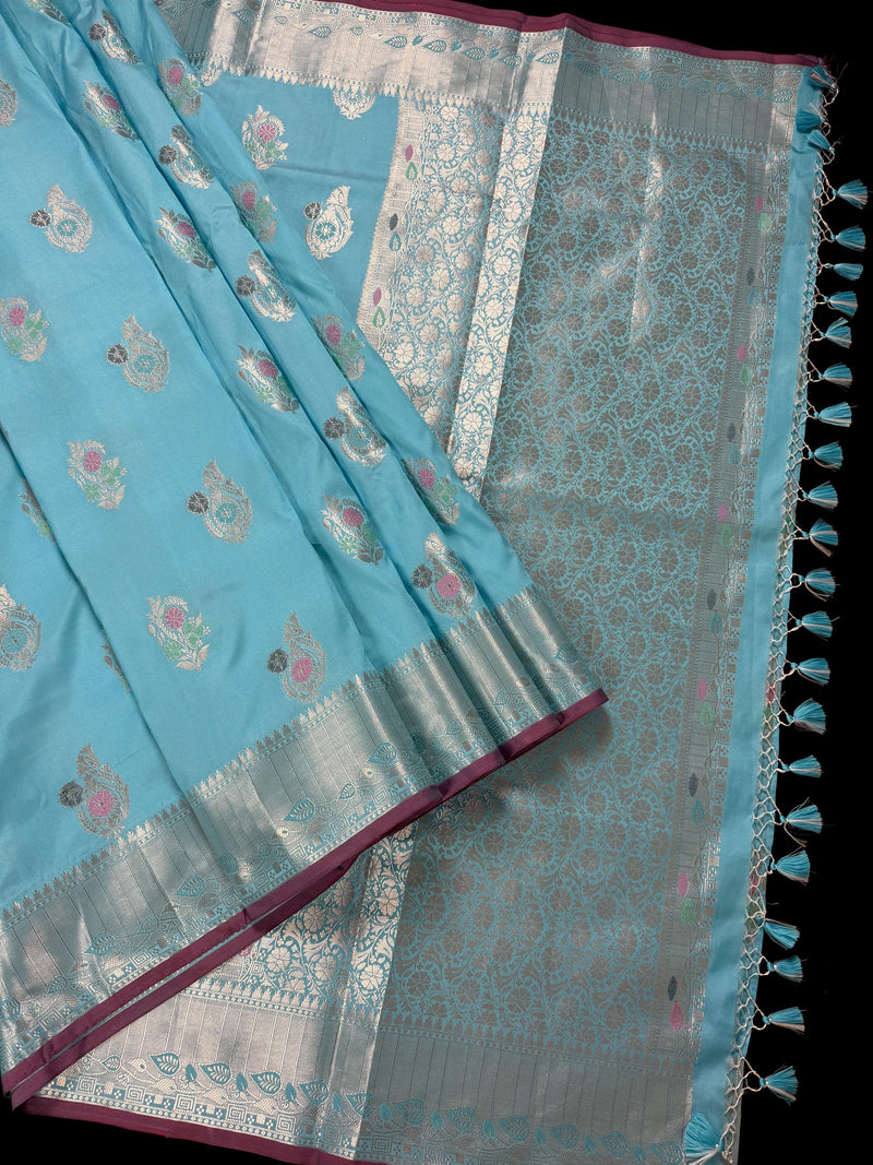 Statement Handmade Sky Blue Color Banarasi Semi Katan Silk Saree with Meenakari and Muted Gold Zari Weave with Floral Buttas