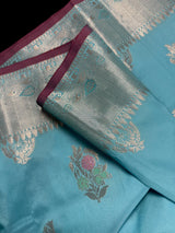 Statement Handmade Sky Blue Color Banarasi Semi Katan Silk Saree with Meenakari and Muted Gold Zari Weave with Floral Buttas