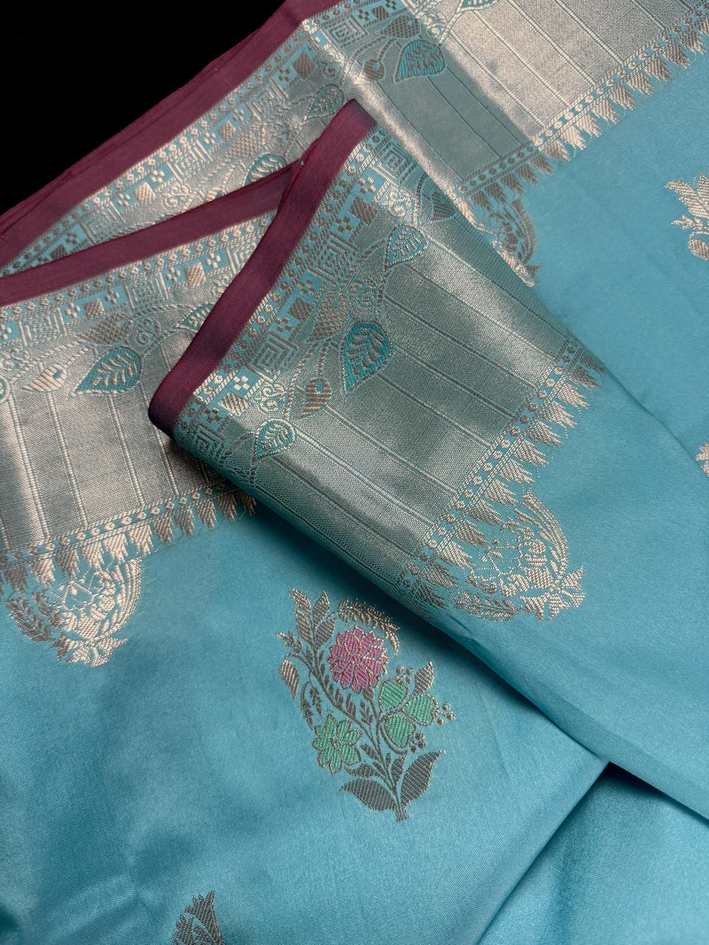 Statement Handmade Sky Blue Color Banarasi Semi Katan Silk Saree with Meenakari and Muted Gold Zari Weave with Floral Buttas