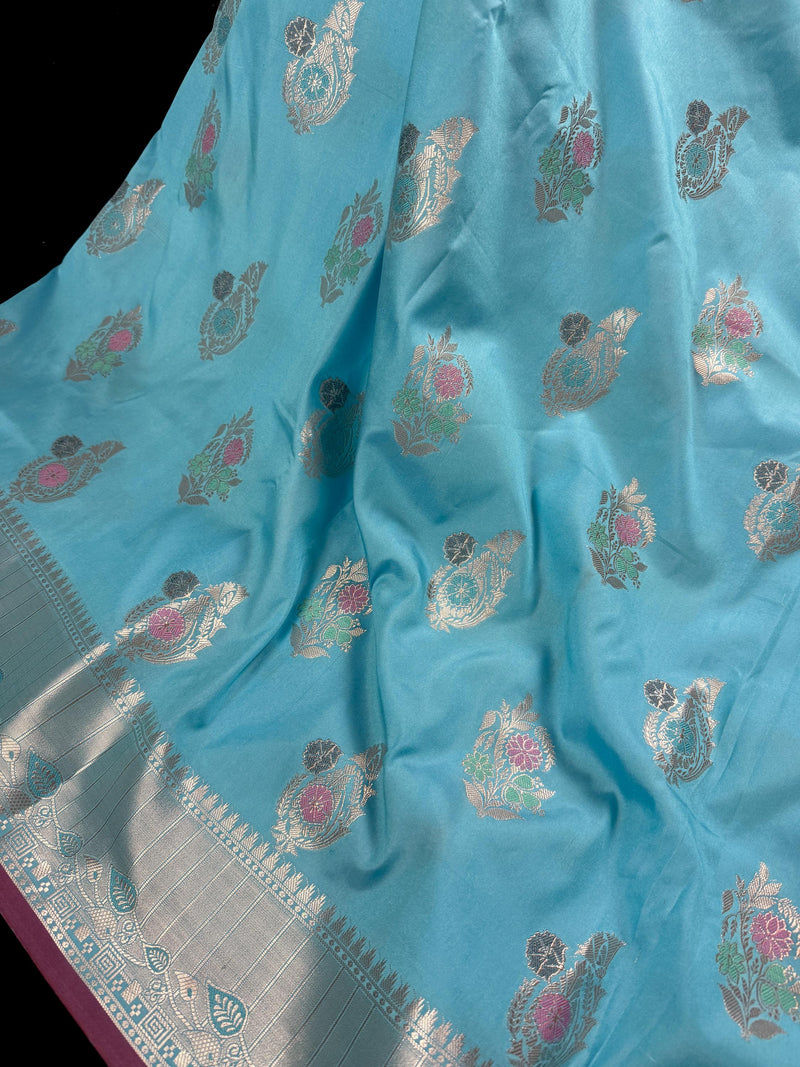 Statement Handmade Sky Blue Color Banarasi Semi Katan Silk Saree with Meenakari and Muted Gold Zari Weave with Floral Buttas
