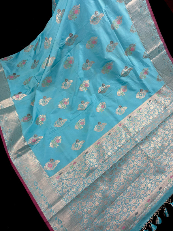 Statement Handmade Sky Blue Color Banarasi Semi Katan Silk Saree with Meenakari and Muted Gold Zari Weave with Floral Buttas