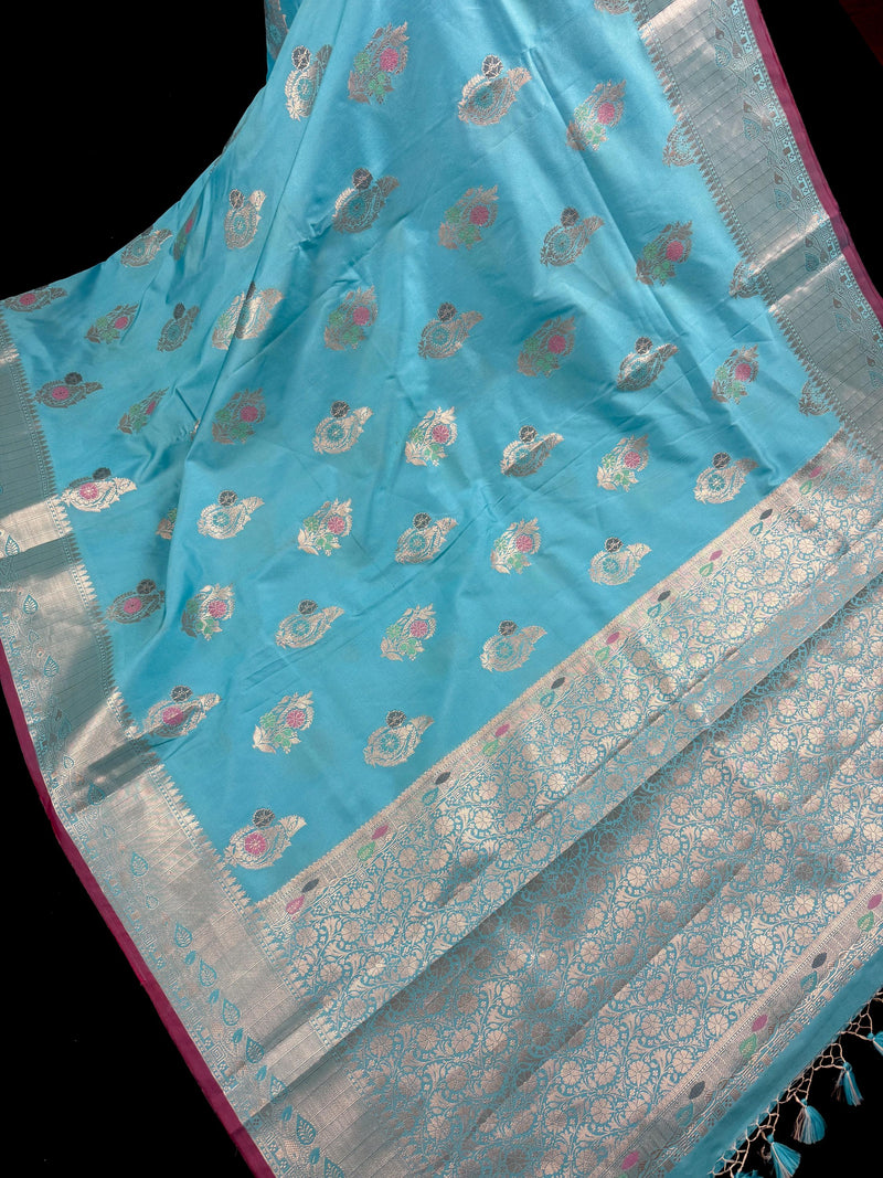 Statement Handmade Sky Blue Color Banarasi Semi Katan Silk Saree with Meenakari and Muted Gold Zari Weave with Floral Buttas