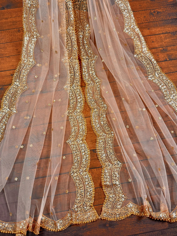 Pastel Peach Color Net Dupatta with Gold Zari, Sequin and Beads | Peach Color Wedding Dupatta | Sequin Dupattas | Indian Dupatta for Lehanga