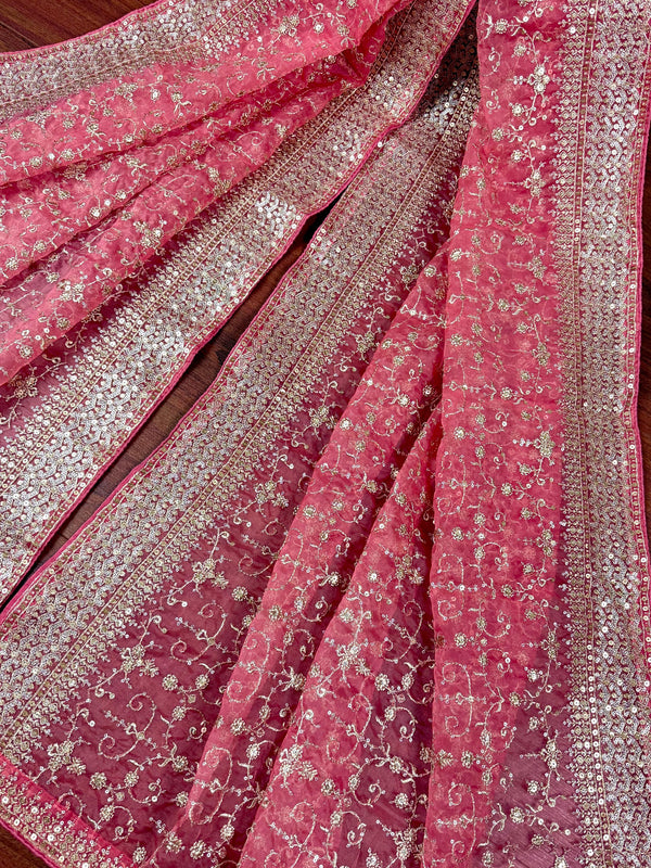 Statement Rose Pink Color Organza Silk Dupatta with Muted Gold Zari, Embroidery and Sequin | Wedding Dupatta | Dupatta for Lehangas