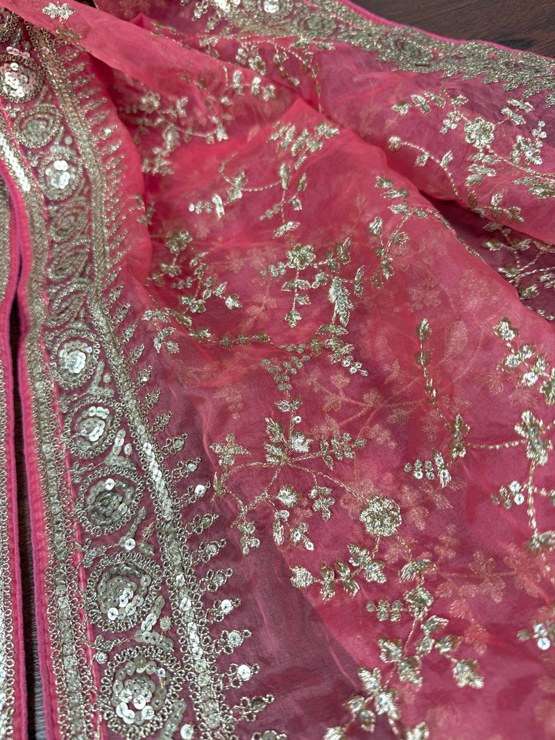 Rose Pink Color Organza Dupatta with Embroidery, Sequin and Zari | Muted Gold Zari Dupatta