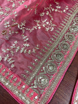 Rose Pink Color Organza Dupatta with Embroidery, Sequin and Zari | Muted Gold Zari Dupatta