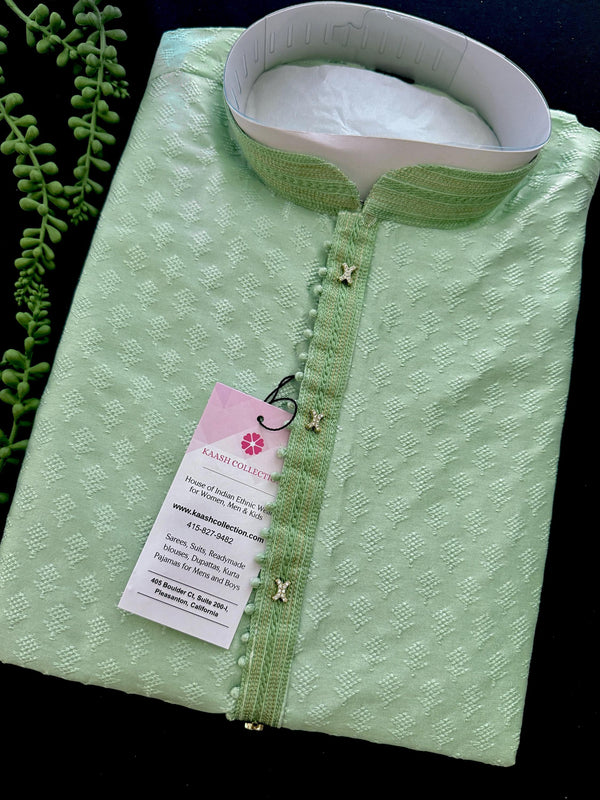 Pastel Sea Green Raw Silk Kurta Pajama Set for Men | Self Design Embroidery Buttis | Wedding Kurta | Groomsmen Kurta | Kurta Store