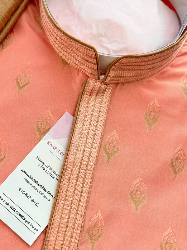 Size - 44 | Designer Sea Green Soft Raw Silk Men Kurta Pajama | Peach Color Kurta for Men