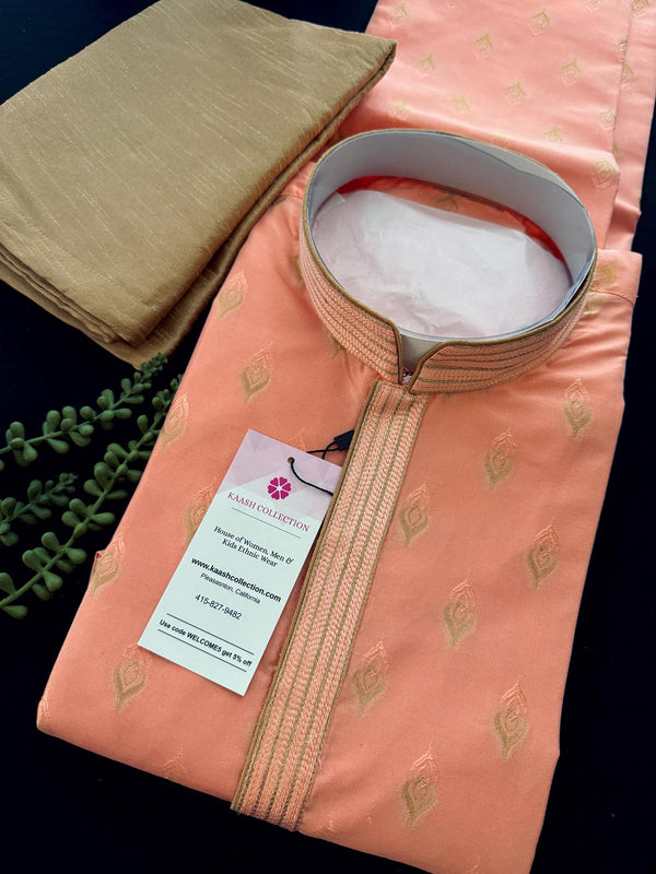 Size - 44 | Designer Sea Green Soft Raw Silk Men Kurta Pajama | Peach Color Kurta for Men