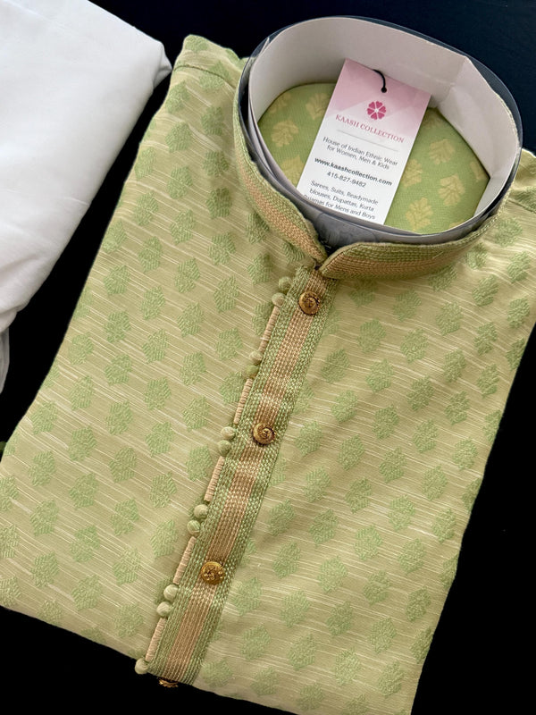 Light Pastel Green Color Men Kurta Pajama  with Light Beige Bases | Pastel Color Kurta for Men |  | Indian Wedding Wear
