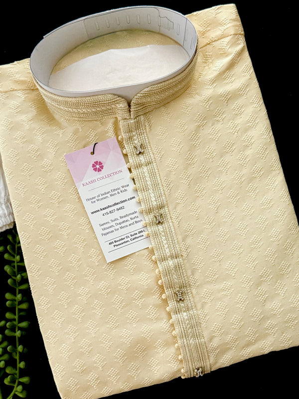 Pastel Cream Color Raw Silk Kurta Pajama for Men | Self Design Embroidery Buttis | Cream Mens Kurta | Beige Color Kurta | Kurta Store in USA
