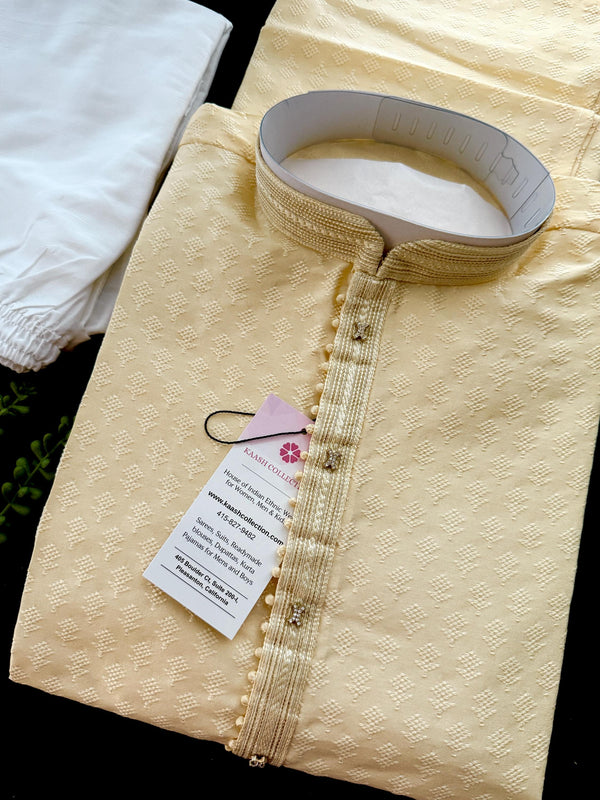 Pastel Cream Color Raw Silk Kurta Pajama for Men | Self Design Embroidery Buttis | Cream Mens Kurta | Beige Color Kurta | Kurta Store in USA