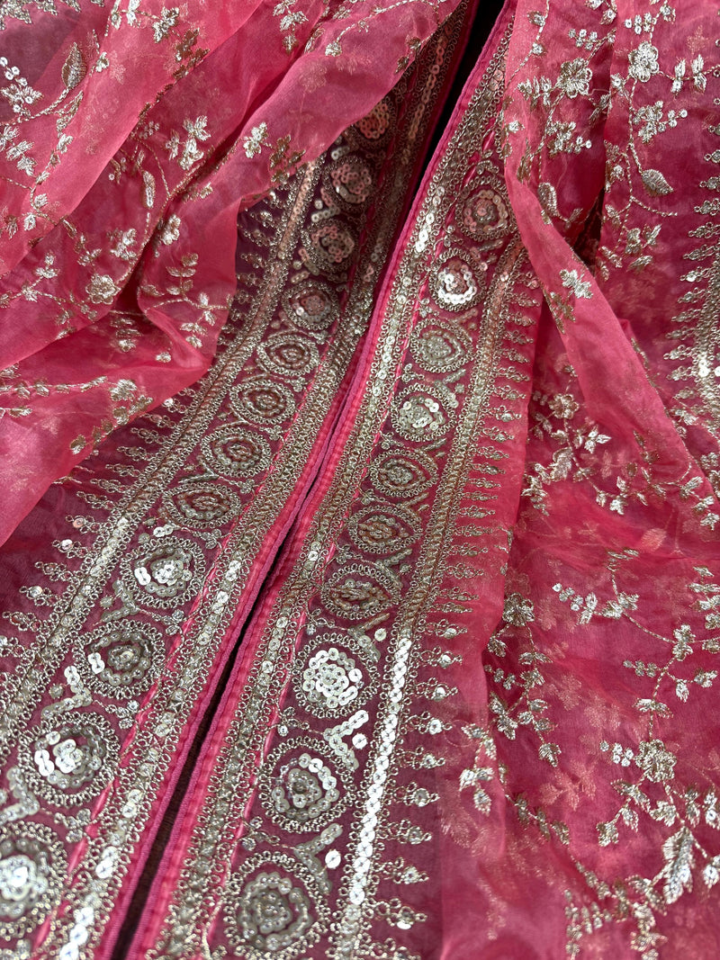 Rose Pink Color Organza Dupatta with Embroidery, Sequin and Zari | Muted Gold Zari Dupatta