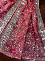Rose Pink Color Organza Dupatta with Embroidery, Sequin and Zari | Muted Gold Zari Dupatta