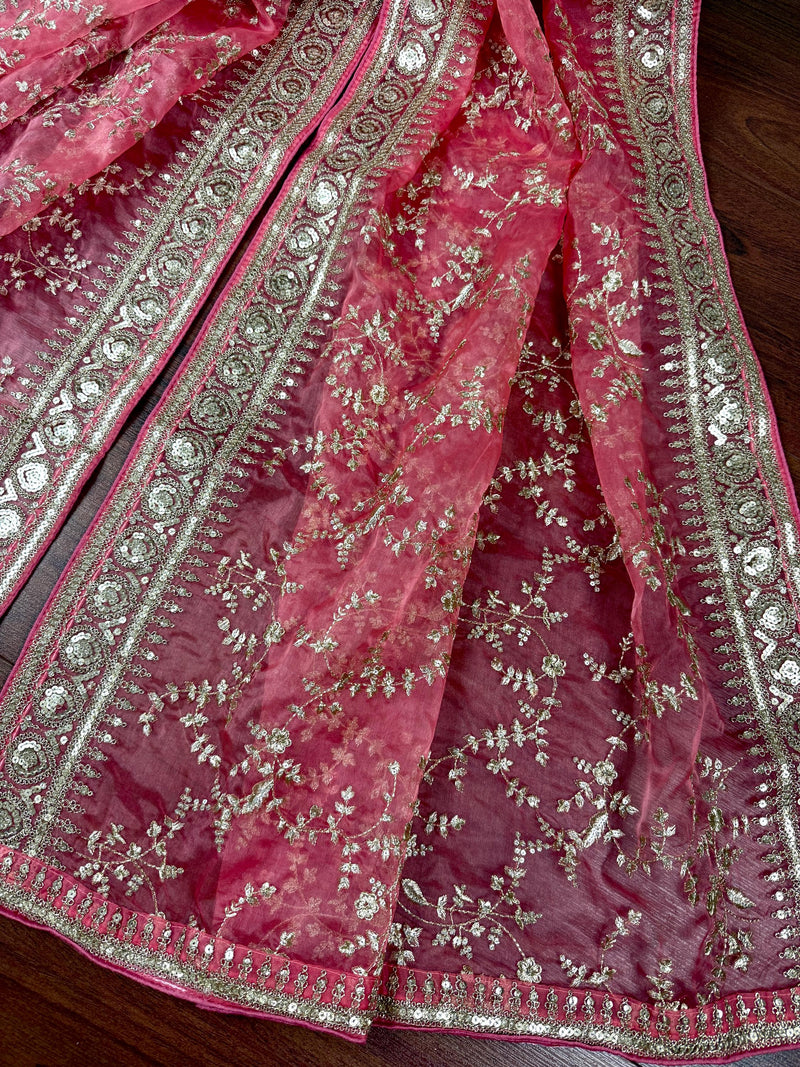 Rose Pink Color Organza Dupatta with Embroidery, Sequin and Zari | Muted Gold Zari Dupatta