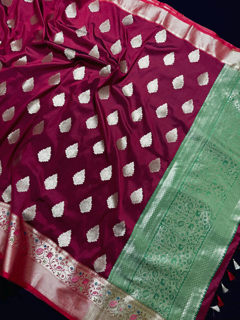Statement Wine Color Banarasi Semi Katan Silk Saree with Meenakari and Gold Zari Weave