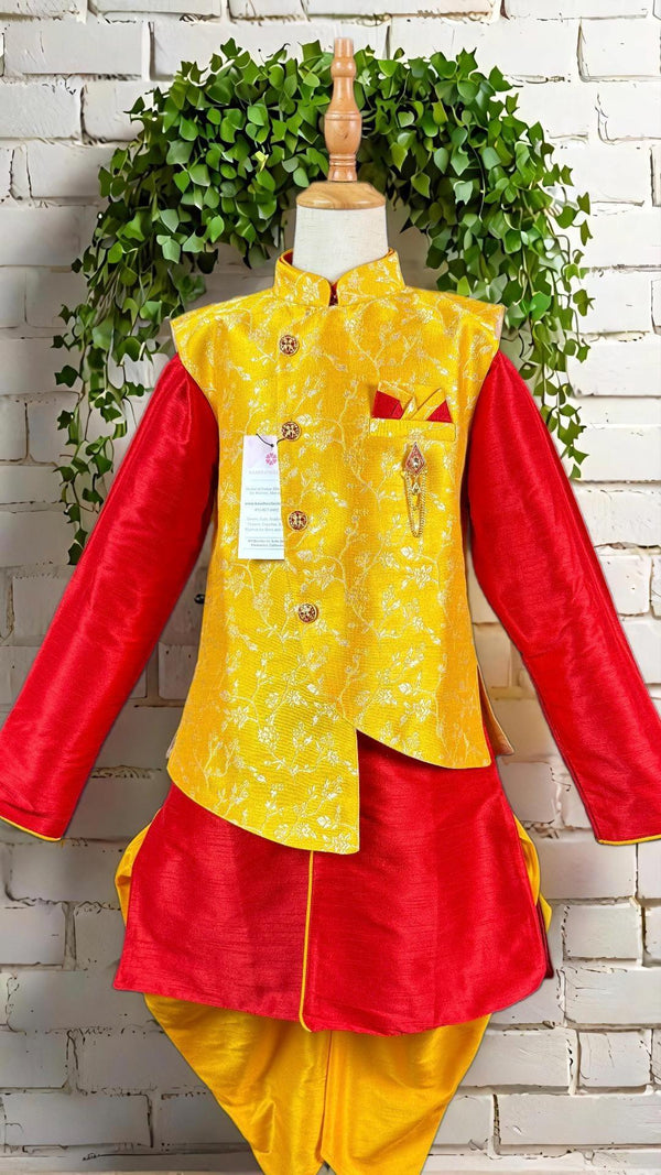Yellow and Red Boys 3pcs Kurta Pajama with Jacket in Floral Pattern | Kids Wear | Boys Ethnic Wear | Boys Kurta Pajama